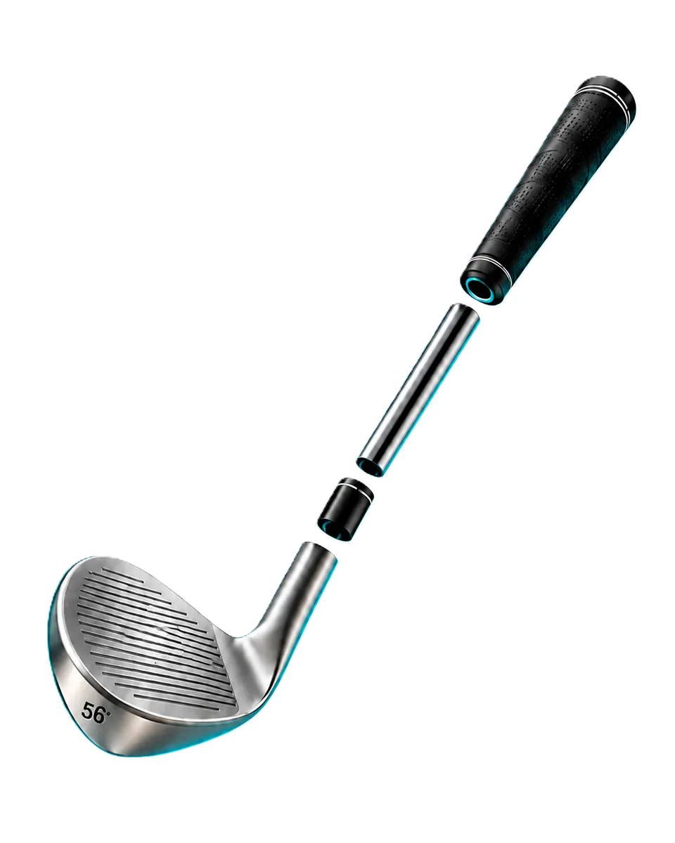 3D exploded view of a Pitch & Putt iron showing grip, shaft and clubhead, representing game analysis in My Pitch & Putt.