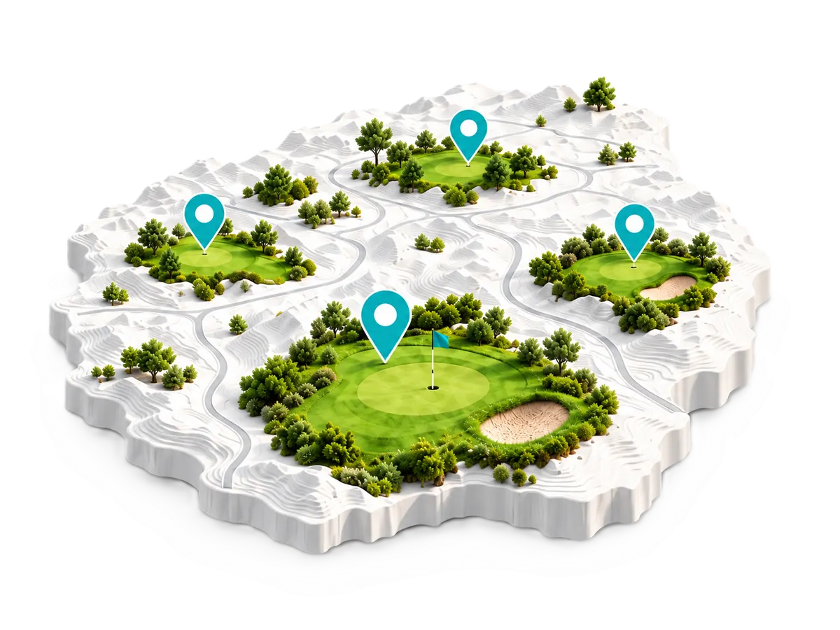 3D topographic map with green Pitch & Putt course patches and location pins, representing course discovery in My Pitch & Putt.