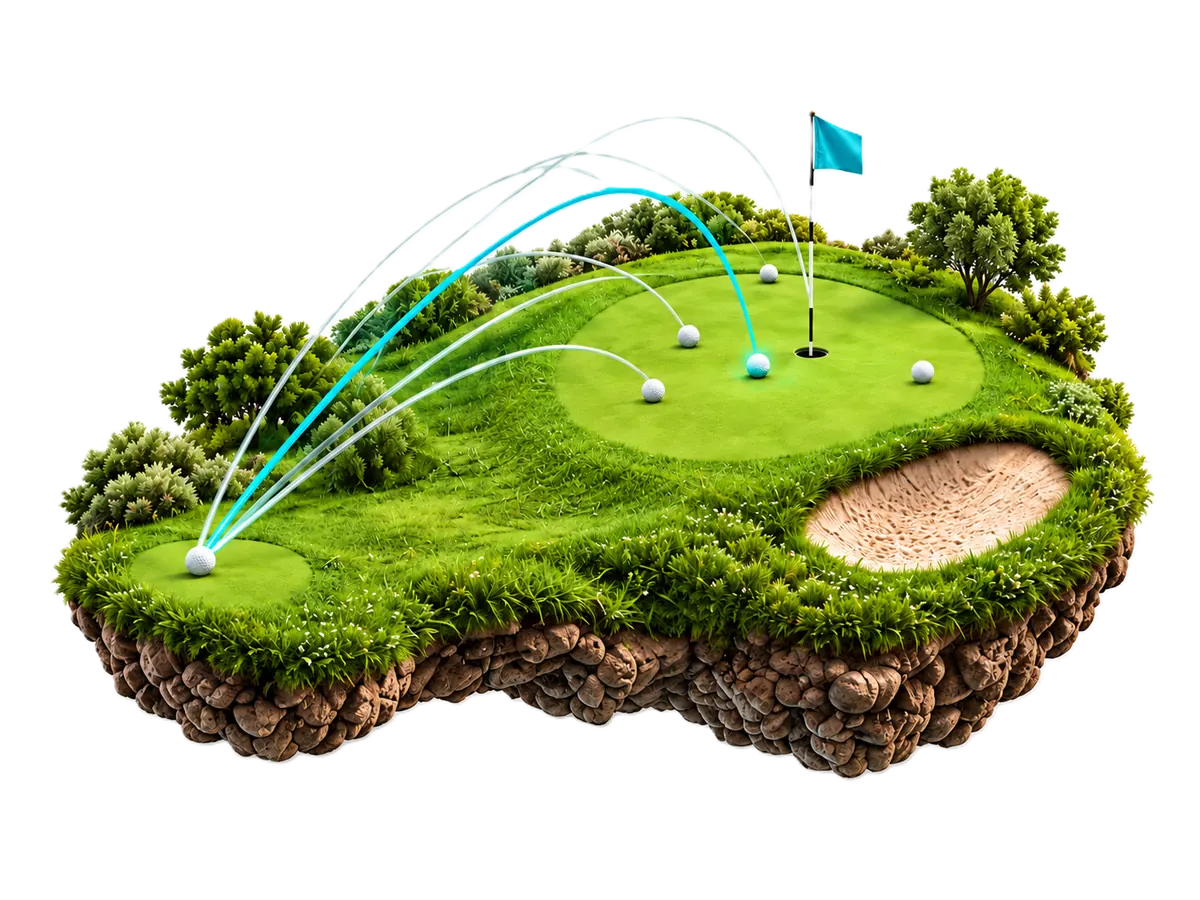 3D miniature Pitch & Putt green with ball flight arcs and a bunker, representing round tracking in My Pitch & Putt.