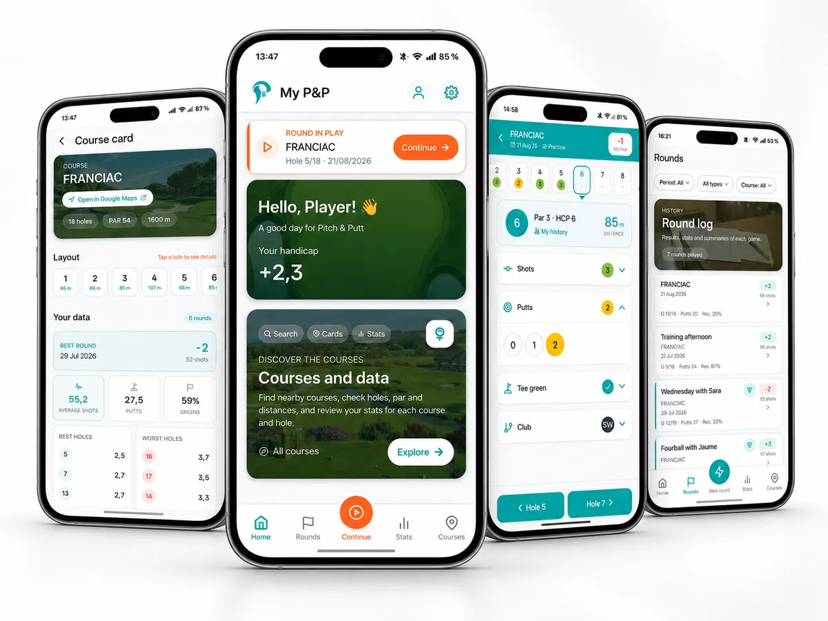 My Pitch & Putt app screens on phones